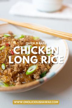 Chicken Long Rice is a Hawaiian noodle dish made from vermicelli noodles, chicken thighs, fresh ginger, and green onions. It's comforting and clean, a go-to side dish or simple entree. #chicken #longrice #rice #chickenlongrice #vermicelli Chicken Long Rice, Traditional Hawaiian Food, Hawaiian Restaurant, Cellophane Noodles, Life In Hawaii, Noodles Chicken, Kalua Pork, Good Food Ideas