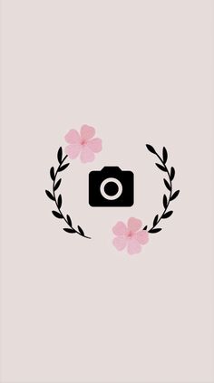 a camera and some flowers on a pink background