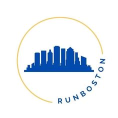 the logo for runboston is shown in blue and gold on a white background