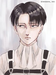 a drawing of a man with black hair and suspenders looking at the camera while wearing a white shirt