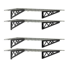 three metal shelving shelves with brackets on each shelf