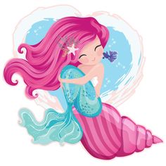 a painting of a mermaid with pink hair holding a starfish