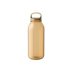 a glass bottle with a gold lid on a white background, it is empty and ready to be used