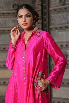 Pink shirt style kurta with all over floral pattern, contrast zari, pearl, resham and sequin intricate cheent embroidery. Paired with zari stripe woven palazzo. - Aza Fashions Kurta And Palazzo, Kurta Palazzo Set, Palazzo Set, Pink Shirt, Designer Wear, Shirt Collar, Set For Women, Three Quarter Sleeves, Quarter Sleeve