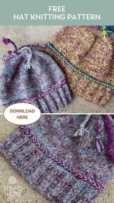 two knitted hats with text that reads, free hat knitting pattern for beginners