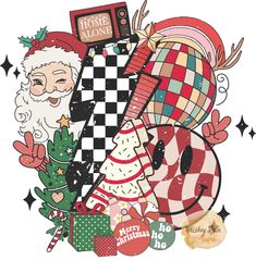 a christmas card with santa claus and other holiday items