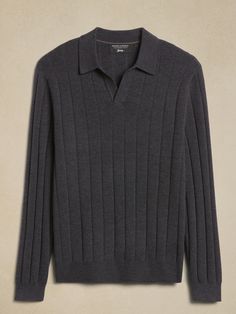 Paulo Merino Sweater | Banana Republic Gray Merino Wool Top For Fall, Classic Ribbed Merino Wool Top, Gray Long Sleeve Cashmere Top, V-neck Wool Top With Ribbed Collar, Classic Wool Ribbed Polo Sweater, Merino Wool Long Sleeve Polo Sweater With Ribbed Cuffs, Long Sleeve Merino Wool Polo Sweater With Ribbed Cuffs, Classic Ribbed Wool Polo Sweater, Wool Ribbed Polo Sweater For Workwear