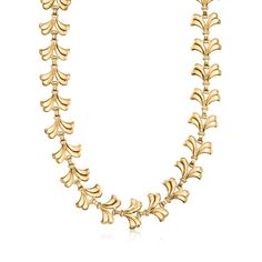 C. 1940 Vintage Tiffany Jewelry 14kt Yellow Gold Leaf Necklace. 16". C. 1940. Bask in the luxurious movement and timeless Retro-era beauty of an heirloom-quality designer showpiece. From Tiffany Jewelry and presented as part of our Estate collection, this sumptuous 14kt yellow gold leaf necklace takes elegant inspiration from nature to create an outstanding ornamental design. Includes a 2" extender. Springring clasp, Tiffany Jewelry 14kt yellow gold leaf necklace. Exclusive, one-of-a-kind Estate Jewelry. Classic Evening Necklace With 17 Jewels, Classic Evening Necklaces With Polished Finish, Classic Evening Necklace With Polished Finish, Classic Polished Evening Necklaces, Timeless Gold-tone Formal Necklace, Elegant Gold-tone Engraved Necklace, Art Deco Yellow Gold Necklace For Formal Occasions, Timeless Gold-tone Necklace For Formal Occasions, Formal Heirloom Necklace Stamped 14k