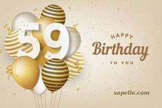 happy 65th birthday card with balloons and streamers in gold, white and black colors