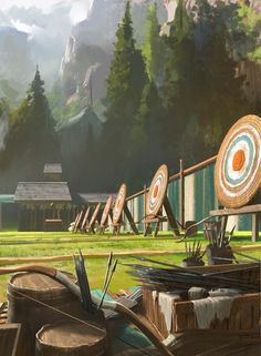 a painting of an outdoor archery range in the mountains