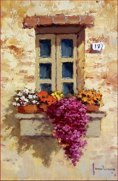 an oil painting of flowers in front of a window