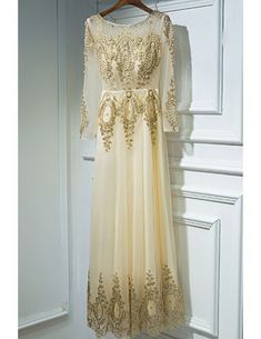 Long Sleeve Dress With Gold Embroidery For Reception, Long Sleeve Gown With Floral Embroidery For Banquets, Elegant Dress With Tonal Embroidery For Festive Occasions, Elegant Festive Dress With Tonal Embroidery, Fitted Long Sleeve Dress With Gold Embroidery, Gold Embroidered Long Sleeve Gown, Gold Embroidered Gown With Long Sleeves, Elegant Long Sleeve Dresses With Tonal Embroidery, Champagne Party Dress