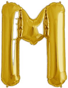 the letter m is made out of gold foil balloons and it looks like an inflatable balloon