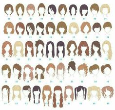 an image of many different types of wigs on white paper with words written below