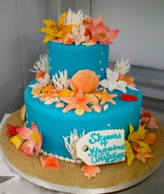 there is a blue cake with flowers on it