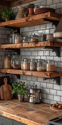 the shelves in the kitchen are filled with spices and other things to put on them