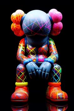 a colorful toy sitting on top of a black floor next to some balls in the air