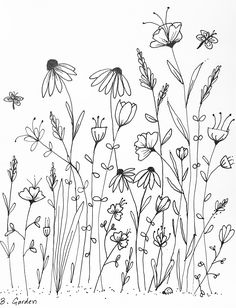 black and white drawing of wildflowers with bees flying over them in the background