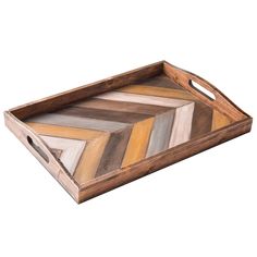 a chevroned wooden tray with handles