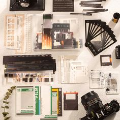 the contents of a camera are laid out neatly