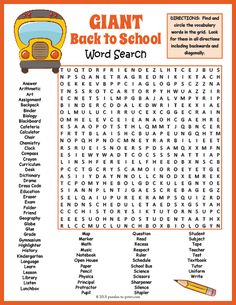 the giant back to school word search is shown in an orange frame with pencils