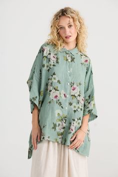 The Teddie linen shirt is an oversized, one-size fabulous top that doubles as a jacket if you leave it unbuttoned. This shirt looks equally stunning on a slim petite person as it does on full size 24. Easy to wear, comfortable, stylish, and beautiful. You will want to own more than one. Measurements... Size O/S, Bust - 162cm, Hips - 162cm (circumference) Length - 86cm Spring Linen Blouse With Floral Print, Spring Linen Floral Print Tops, Spring Floral Print Linen Tops, Spring Linen Lagenlook Blouse, Spring Lagenlook Linen Blouse, Green Linen Bohemian Blouse, Green Linen Bohemian Top, Green Bohemian Linen Top, Short Sleeve Linen Blouse With Floral Print