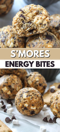 chocolate chip energy bites stacked on top of each other with the words s'mores energy bites above them