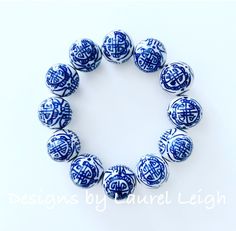 Chunky Blue and White Chinoiserie Chinese Symbol Beaded Statement Bracelet - Ginger jar Blue Wooden Beaded Bracelets As Gift, Blue Stretch Bracelet With Large Round Beads, Blue Wooden Beads Stretch Bracelet, Blue Wooden Beads Stretch Bracelet As Gift, Blue Stretch Bracelet With Round Wooden Beads, Blue Stretch Bracelet With Large Beads, Adjustable Blue Stretch Bracelet With Wooden Beads, White Wooden Beads Stretch Bracelet Gift, White Wooden Beads Stretch Bracelet As Gift