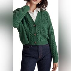 Nwt Madewell Cable Crop Cardigan, Wool Blend, Varsity Green, Size Xxs A Modern Update To The Cable-Knit Classic, This Cardigan Sweater Has A Boxy, Cropped Fit. Coming In A Cozy Wool Blend, It's A Match Made In Heaven For Layering This Season. Front Button Closure V-Neck Long Sleeves With Ribbed Cuffs 55% Wool, 25% Polyamide, 20% Cotton Dry Clean Imported Cropped Green Cardigan, Madewell Cardigan, Friday Outfit, Crop Cardigan, A Match Made In Heaven, Match Made In Heaven, Madewell Sweater, Green Cardigan, Sweater Collection