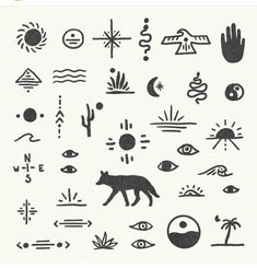 an image of some animals and symbols in black and white on a sheet of paper