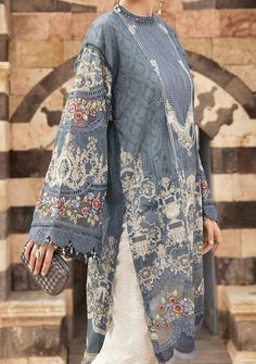 Maria B Embroidered Luxury Pakistani Lawn Dress. Festive Blue Dress With Embroidered Sleeves, Blue Wedding Dresses With Embroidered Sleeves, Elegant V-neck Dress With Chikankari Embroidery, Chikankari Embroidery Midi Dress, Elegant Tunic Dress With Intricate Embroidery, Resham Embroidery Midi Dresses, Elegant Long Sleeve Resham Embroidered Dress, Elegant Multicolor Embroidered Dress, Elegant Dress With Multicolor Resham Embroidery