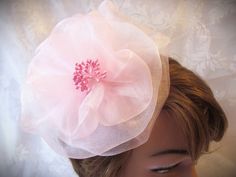 Romantic fascinator headpiece headband with an opulent pink organza flower and artificial flower pistils in pink "Rosalie" - a handmade unique piece! An airy, light eye-catcher, perfect for any festive occasion, for parties, proms, christenings and weddings or anniversaries - simply to fall in love with! Diameter of the flower is approx. 14 cm. Used material: Hoop: Metal with satin cover made of 100% polyester Flower: 100% polyester organza Plastic flower pistils Please note that additional taxe Flower Pistil, Fascinator Headband, Organza Flowers, Plastic Flower, Light Eyes, Plastic Flowers, Hair Jewelry, Fascinator, Christening