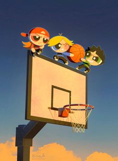 the powerpuff girls are playing basketball on an outdoor basketball court in the sky