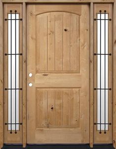 a wooden door with two glass panels