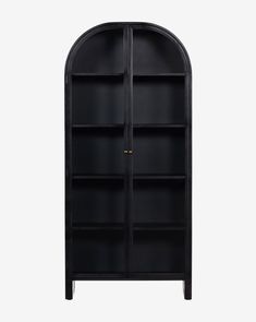 a black bookcase with two doors and shelves on the front, one door open