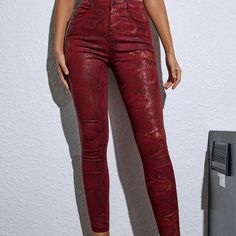 Never Worn Chic Red High Waist Jeans, Chic High Waist Red Jeans, Chic Red High-waist Jeans, Red Non-stretch High-rise Jeans, Red High Rise Non-stretch Jeans, Chic Red Stretch Jeans, Chic Fitted Red Jeans, Chic Mid-rise Red Jeans, Chic Red Mid-rise Jeans