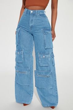 Judy CARGO DENIM JEANS - Fason De Viv Lily High Rise Cargo Jeans, Shein Cart, Bp Concert, High Rise Cargo Jeans, Bookmark Art, New Look Fashion, Women Bottoms, Jeans Fabric, Practical Storage