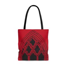 Embody the drama of the gothic arch in blood red and black. A bag for a spooky picnic, travel altar, or ghost hunting supplies. This bag is a statement of your dedication to all things gothic and horror.  .: 100% Polyester .: Boxed corners .: Black inner stitching, transparent thread on hems. .: Black cotton handles .: With non-woven laminate inside .: NB! Size tolerance 0.75" (1.9 cm)) .: Assembled in the USA from globally sourced parts Black Gothic Shoulder Bag, Black Gothic Tote Shoulder Bag, Gothic Shoulder Bag For Everyday Use, Gothic Halloween Shoulder Bag, Gothic Bags For Everyday Use And Halloween, Gothic Shoulder Bag For Travel, Gothic Style Shoulder Bag For Daily Use, Black Gothic Tote Bag, Gothic Rectangular Bags For Everyday Use