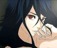 a woman with long black hair and red eyes