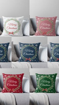 six christmas pillows sitting on top of a couch