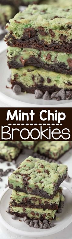 mint chip brownies are stacked on top of each other with chocolate chips in the middle