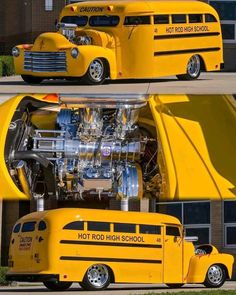 a yellow school bus parked in front of a building with the hood up and engine out