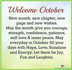 a green and white sign that says, welcome october new month, new charter, page and new wishes may the month give you