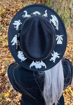 "Welcome to Witchwood's brand new hat line! These wide brim hats are made of sturdy vegan felt and are all hand printed.   Vegan Felt Size: 22.5\" (but size is adjustable and can be sized down, inside the hat) Brim - 2.5\" wide Hat Color - Black Print Color - White" Adjustable Short Brim Fedora For Halloween, Adjustable Short-brim Fedora For Halloween, Adjustable Fedora Felt Hat For Halloween, Adjustable Flat Brim Halloween Costume Hat, Adjustable Flat Brim Halloween Hat, Adjustable Flat Brim Hat For Halloween, Black Fedora Felt Hat For Halloween, Western Flat Brim Halloween Hat, Halloween Adjustable Short Brim Felt Hat