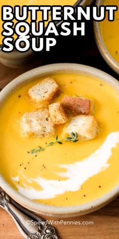 butternut squash soup in a white bowl with croutons