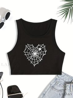 Lasaky - Captivating Spider Web & Heart Print Sleeveless Tank Top, Elegant Crew Neck Womens Apparel Sleeveless Top With Heart Graphic For Spring, Sleeveless Spring Top With Heart Graphic, Halloween Sleeveless Vest Top, Trendy Sleeveless Heart Print Tops, Casual Black Crop Top For Halloween, Casual Summer Tank Top With Heart Graphic, Trendy Sleeveless Top With Heart Graphic, Heart Print Sleeveless Tops For Summer, Sleeveless Summer Top With Heart Graphic