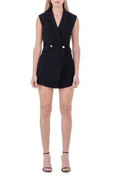 Traditional tailored suiting gets a warm-weather update in this double-breasted romper that finishes with a demure peekaboo cutout at the lower back. Padded shoulders and goldtone buttons wink at the '80s inspiration of the look without getting too campy. Front button closure Notched lapels Sleeveless Front welt pockets Lined 100% polyester Hand wash, dry flat Imported Summer Blazer Dress With Buttons For Date Night, Summer Date Night Blazer Dress With Buttons, Summer Double-breasted Blazer Dress, Double-breasted Summer Blazer Dress, Chic Blazer Dress With Gold Buttons, Fitted Double-breasted Blazer Dress For Summer, Summer Blazer Dress With Buttons For Night Out, Summer Party Double-breasted Blazer Dress, Summer Blazer Dress For Night Out