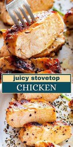 juicy stovetop chicken on a white plate with a fork in it and the title overlay reads juicy stovetop chicken