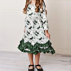 Beautiful Dress With Green Moose Print Long Sleeve Christmas Dresses With Ruffles, Long Sleeve Ruffled Dresses For Christmas, Spring Ruffle Dress With Ruffled Skirt For Dress-up, Long Sleeve Ruffled Dresses For Dress-up, Long Sleeve Holiday Dress With Ruffles For Winter, Cute Long Sleeve Princess Dress With Ruffles, Cute Princess Dress With Ruffles And Long Sleeves, Spring Dress-up Ruffled Dress, Spring Holiday Dress With Ruffles For Dress-up