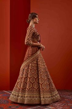 Embellished Red Bridal Lehenga in Jamawar Print Red Banarasi Silk Lehenga With Sheer Dupatta, Formal Red Lehenga With Sheer Dupatta, Formal Red Lehenga With Dupatta, Brown Anarkali Set With Dupatta, Brown Lehenga For Wedding And Festivals, Festive Brown Lehenga With Dupatta, Festive Brown Lehenga With Resham Embroidery, Brown Wedding Lehenga For Festivals, Brown Sets For Wedding And Navratri Festival